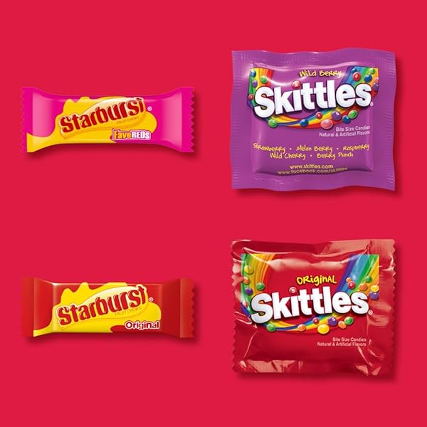 SKITTLES ORIGINAL, SKITTLES WILD BERRY & STARBURST ORIGINAL AND STARBURST FAVEREDS FUN SIZE CHEWY CANDY VARIETY BAG, PARTY SIZE, 20.13 OZ BULK BAG