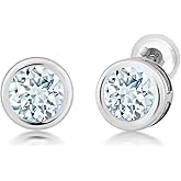 Gem Stone King 1.50 Ct Round 6mm Sky Blue Aquamarine 14K White Gold Stud Earrings For Women Men