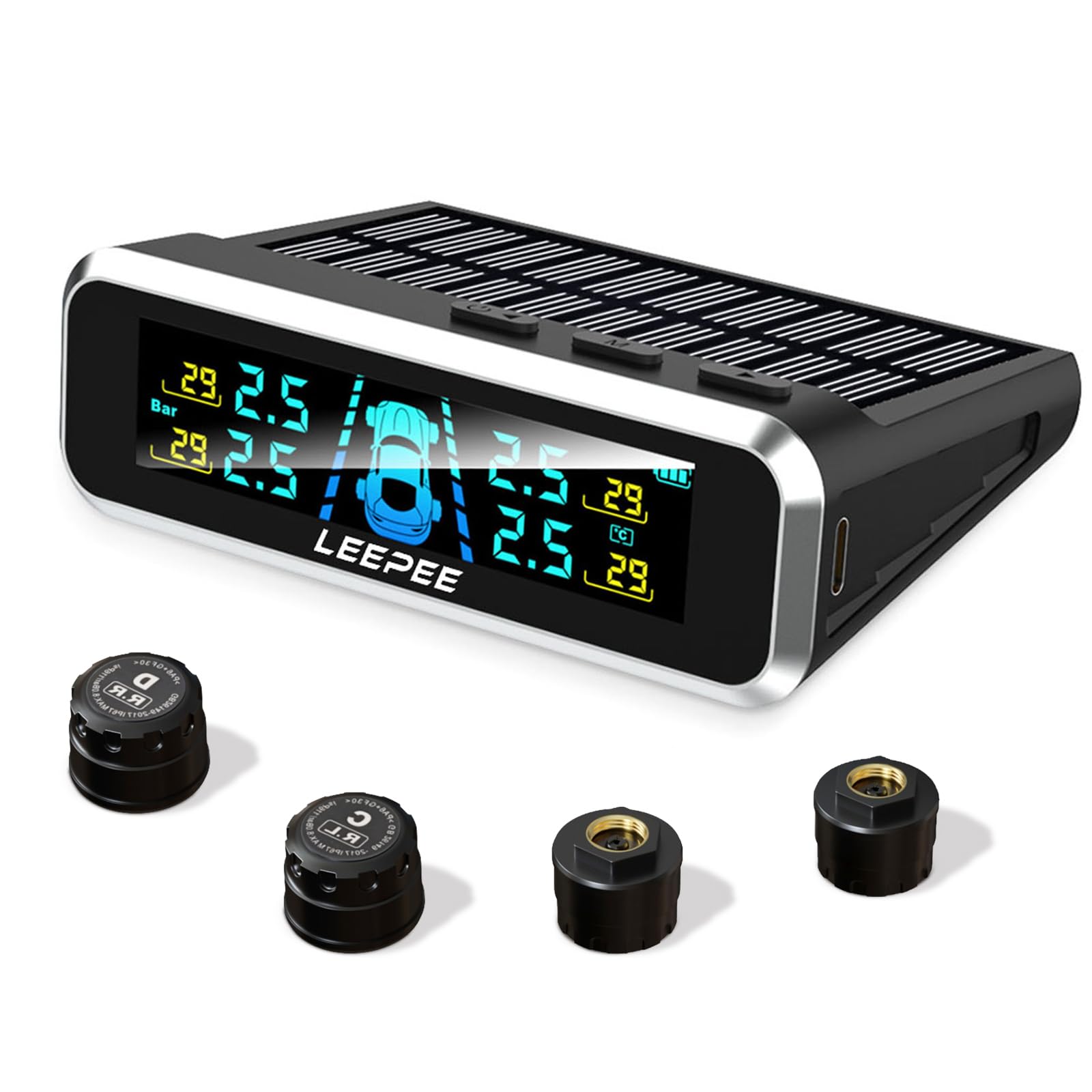 Photo 1 of leepee S13 Car Tire Pressure Monitoring System, USB/Solar TPMS 0-87PSI for RV, Auto Security Alarm Systems Digital LCD Display, Trailer TPMS with 4 Sensors & 5 Alarm Modes
