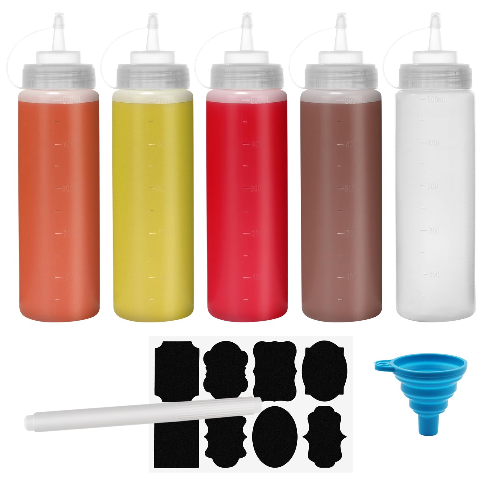 Chetexus 16oz Condiment Squeeze Bottle, 5 Pack 500ml Squeezy Sauce Bottles, Plastic Squeeze Dispensers with Measurements for Ketchup, BBQ, Sauces, Syrup, Dressings