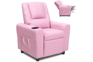 GNMLP2020 Kids Recliner Chairs for Toddlers, Toddler Recliners for Kids Age 0-5 with Cup Holder and Side Pocket, Leather Lounge Chair for Girls Boys Baby Bedroom, Pink