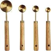 Dadamong Stainless Steel Measuring Spoons Set of 4, Gold Measuring Spoon Kit with Wooden Handle, Heavy Duty Dual Scale Unit for Dry/Liquid Ingredients Kitchen Cooking Baking Set