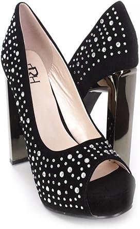 black and silver open toe heels