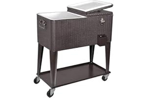 CLEVR 80 Quart Qt Rolling Cooler Ice Chest Cart for Outdoor Patio Deck Party, Dark Brown Wicker Faux Rattan Tub Trolley, Portable Backyard Party Drink Beverage Bar, Wheels with Shelf & Bottle Opener