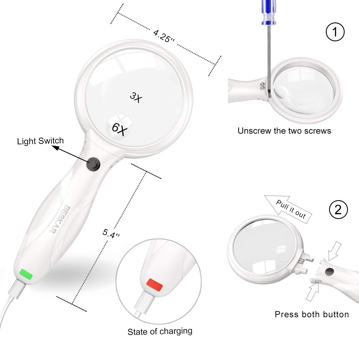 Magnifying Glass 3X 6X Aspheric Multifocal Lens Set,LED Light with USB Charging .Best Magnifier for Reading Books,Jewelry, Map & Low Vision or Seniors Macular Degeneration.