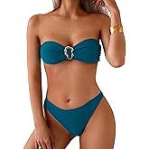 Fanuerg Women's Strapless Bandeau Bikini Sets Ring Tie Back Two Piece Swimsuit High Cut Cheeky Bathing Suits