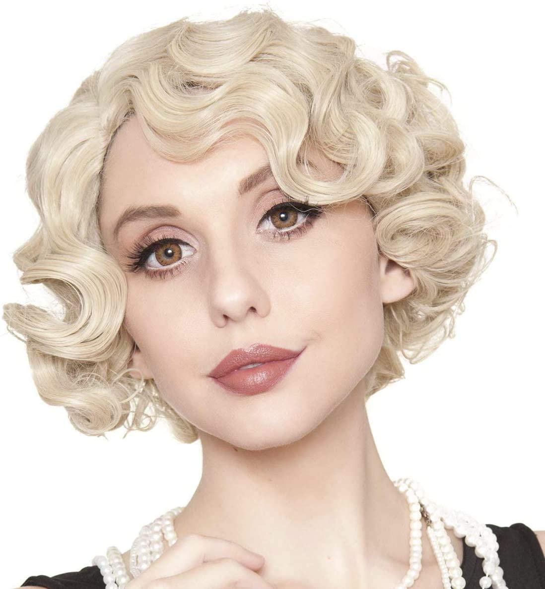 Photo 1 of Kaneles Short Blonde Curly Wig Finger Wave Synthetic Hair for Women 1920s Halloween Cosplay Costume Party Come with Wig Cap (Blonde)