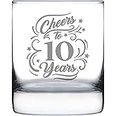 Bevvee Cheers to 10 Years - Whiskey Rocks Glass Gifts for Women & Men - 10th Anniversary Party Decor - 10.25 Oz Glass