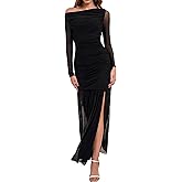 HYPERFIRE Women's Formal Wedding Guest Dresses Mesh Long Sleeve Off The Shoulder Asymmetrical Maxi Dress