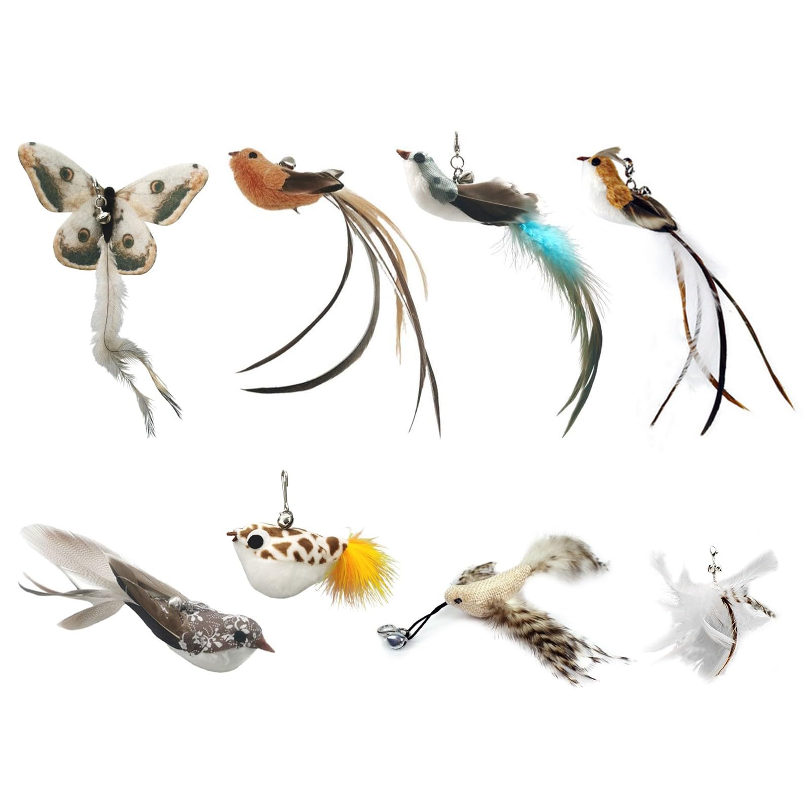 DONGKER 8pcs Cat Rod Replacement Feathers, Interactive Cat Replacement Feathers With Bell for Cat Wand Toys Chasing Toys