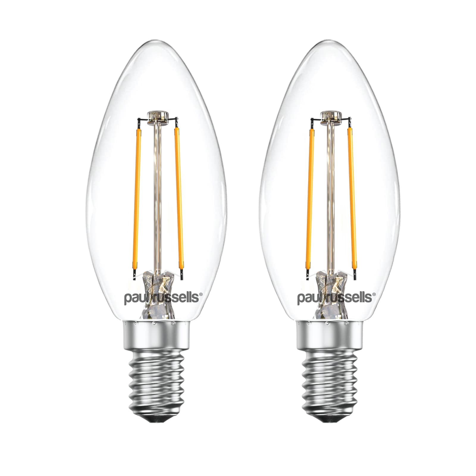 paul russells LED Candle Filament Light – 2.5W 25W Equivalent Replacement, 250LM Lumens, 2700K Warm White, SES E14 Small Edison Screw C35 Bulbs – Bright Energy Saving Non-Dimmable Lamps - Pack of 2