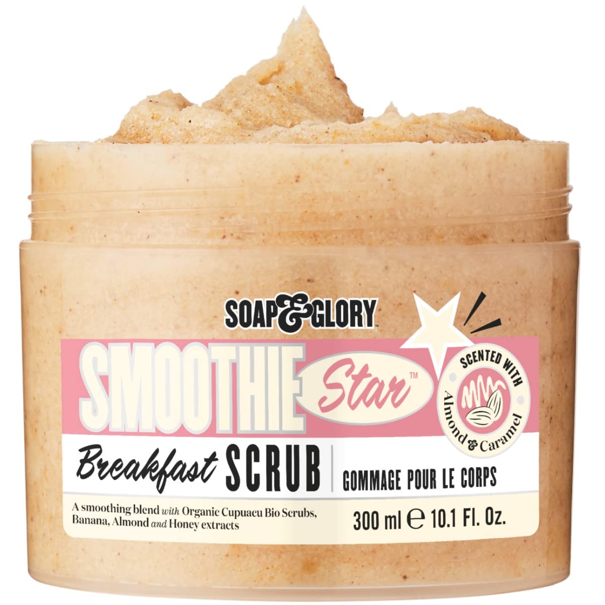 Soap & Glory Smoothie Star Exfoliating Body Scrub - Buff & Smooth Skin - Almond & Caramel Scented Vegan Body Polish - Brightening Scrub with Honey Extract + Sweet Almond Oil (300ml)