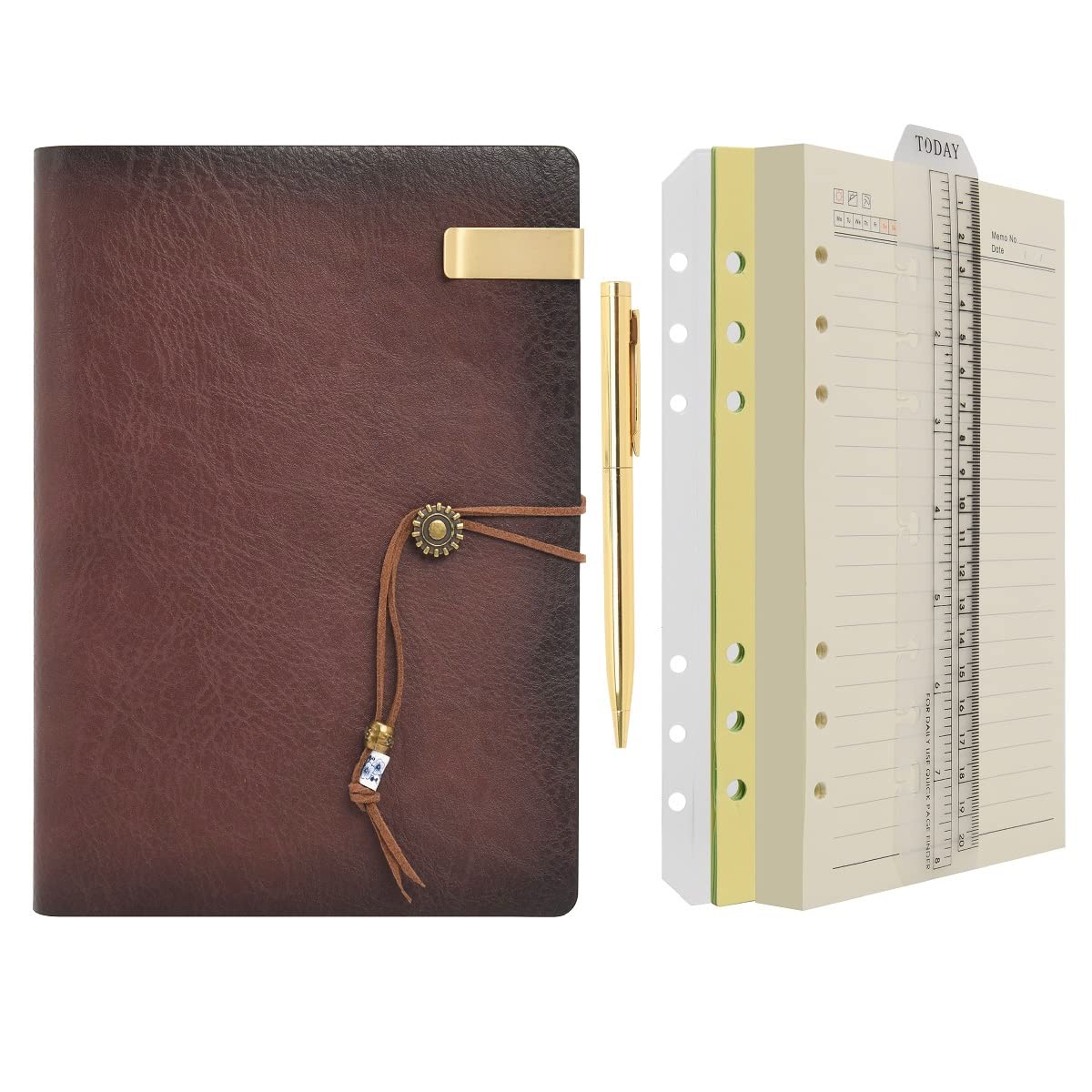 WONDERPOOL A5 Leather Diary Lined Paper Notebook & Pen - Refillable 6 Ring Binder Writing Spiral journal for Office Travel Work and Plan Agenda (a-Coffee, A5) โ image 1