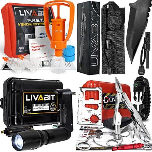 LIVABIT Survival Emergency Bundle Set - Paracord Tanto Knife + Venom Extractor + T1K Flashlight + SOS Kit for Hikers Preppers Survivalist