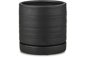 HERDUK 6 Inch Plant Pots, Ceramic Planter Pot with Drainage Hole & Saucer, Indoor/Outdoor Cylinder Round Planter Pot, Matte Black