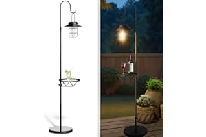 Kirschblüte 60" Solar Floor Lamp with Detachable Hanging Lantern & Small Side Table - Cordless, Waterproof Outdoor Lighting for Deck, Patio, Garden, Porch - Weatherproof Iron Floor Light