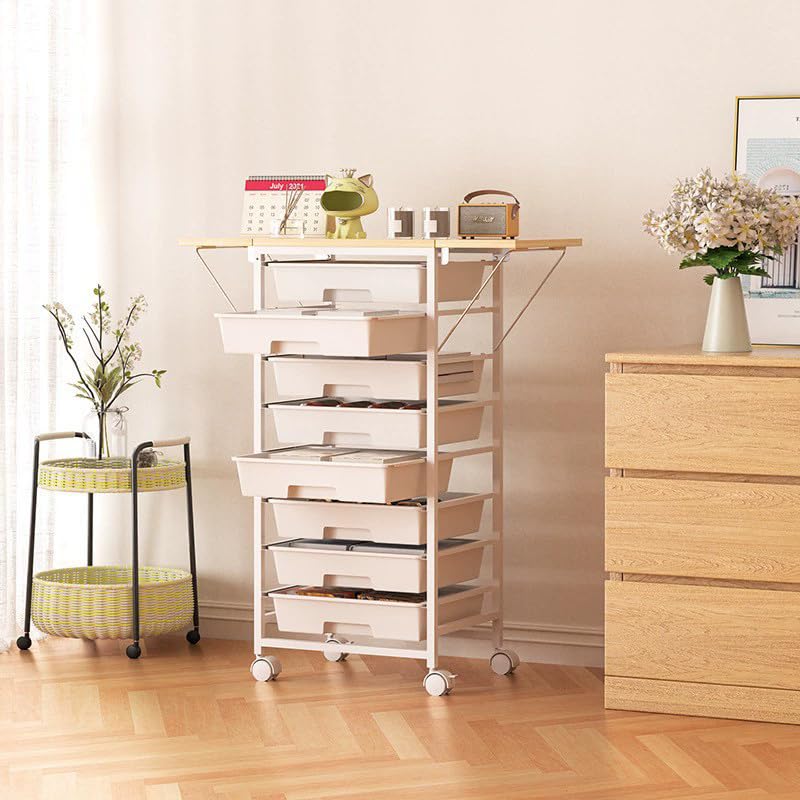 Rolling Storage Cart with Drawers, Craft Storage Cabinet with 8 Drawers and Wooden Tabletop, Utility Cart with Foldable Dual Side Panels & Wheels for Bedroom, Bathroom, Dorm, Office, Kitchen, White