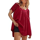 Tankaneo Womens Square Neck Babydoll Tops Summer Puff Short Sleeve Tunic Shirts Casual Loose Fit Blouse