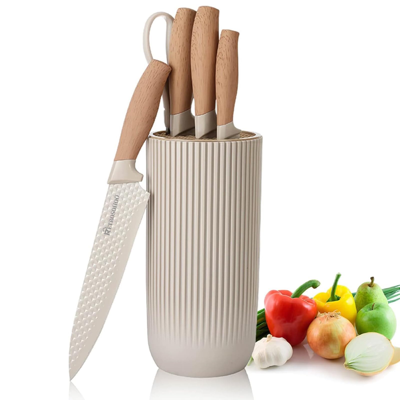 Photo 1 of *Broken knife* Kitchen Knife Set, Retrosohoo 6-Pieces Khaki Sharp Knife Block Sets for Kitchen, Non-stick Non-slip Stainless Steel Chef knives with Universal Block Suitable for Home Restaurant (Khaki)
