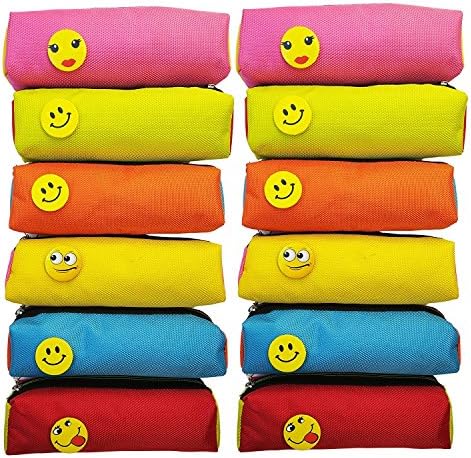 ARIRA Bright Color Multipurpose Smiley Pen Pencil Pouch Case for Birthday Party - Pack of 12