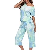 ENJOYNIGHT Women's Tie Dye Pajamas Sets Lounge Short Sleeve Top with Capri Pants Sleepwear 2 Piece Set