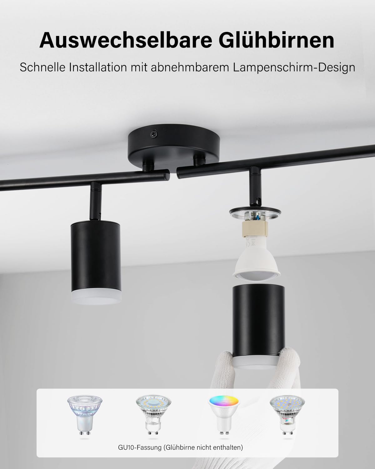 Leselux Deckenstrahler LED 4 Flammig, Metall Deckenstrahler Schwarz, Strahler Deckenleuchte Schwenkbar, Deckenlampe Spots GU10, Deckenspot Innen für Küche Wohnzimmer Schlafzimmer (Ohne Leuchtmittel) 4