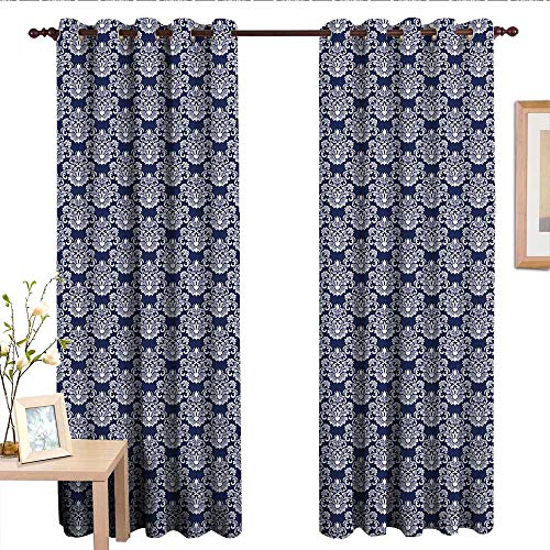 Theresadewey Bedroom Curtains 2 Panel Sets Navy Blue Abstract Floral Damask With Antique Victorian Design Renaissance Flourish Dark Blue