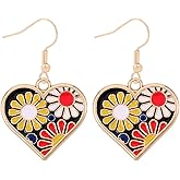 MALOYANVE Vintage Bohemia Flower Earrings for Women Unique Enamel Gold Plated Boho Retro Daisy Sunflower Heart Dangle Drop Hook Earrings Jewelry Gifts