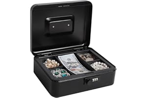 Kasten Cash Box with Combination Lock, Metal Cash Box with Money Tray, 9.84"x 7.87"x 3.54", Medium Black
