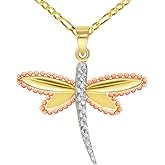 Jewelry America 14k Yellow Gold and Rose Gold Beaded Dragonfly Tri-Tone Pendant with Figaro Chain Necklace