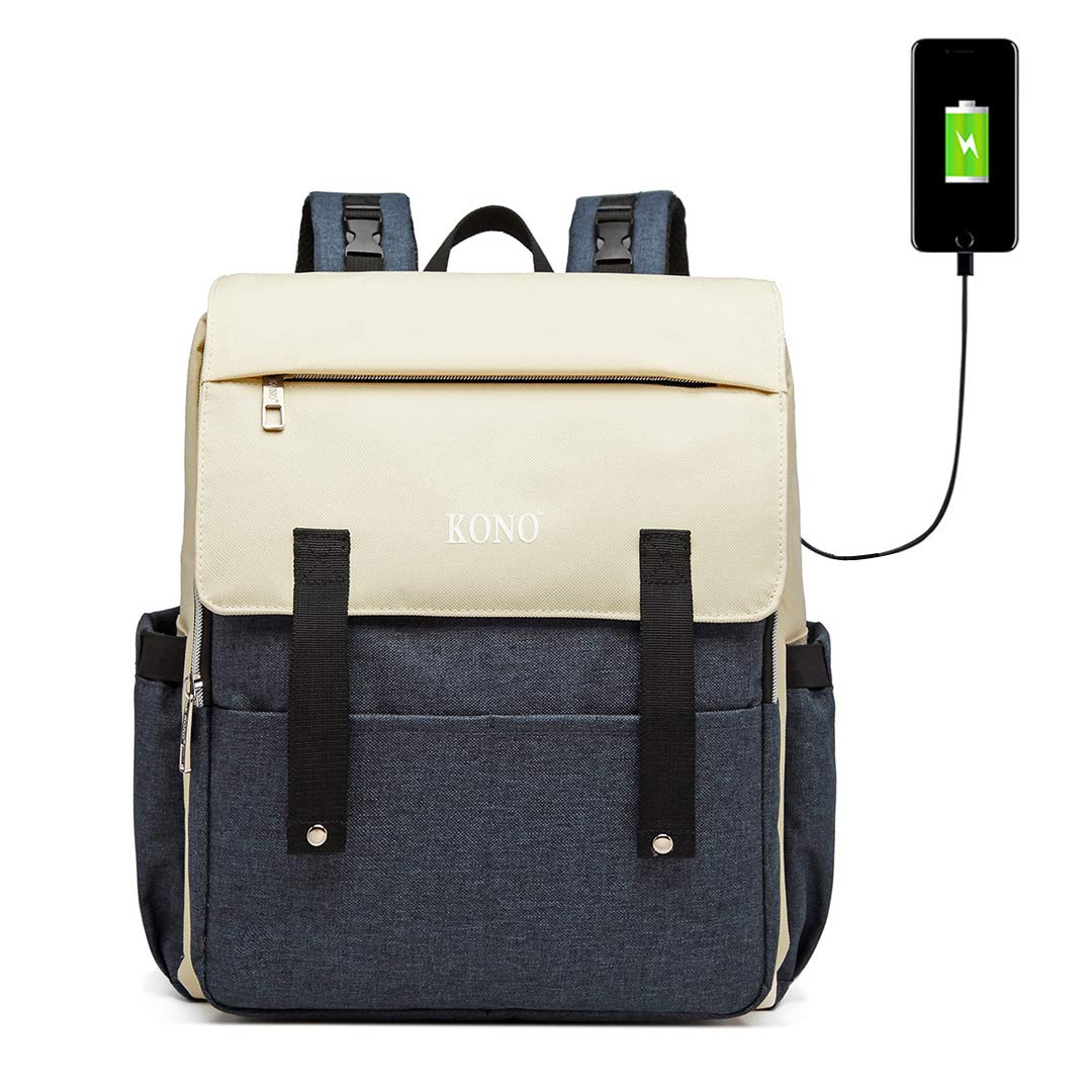 Kono Nappy Changing Backpack with USB Port Large Diaper Bags Multi-Function Waterproof Maternity Back Pack Rucksack (Navy)