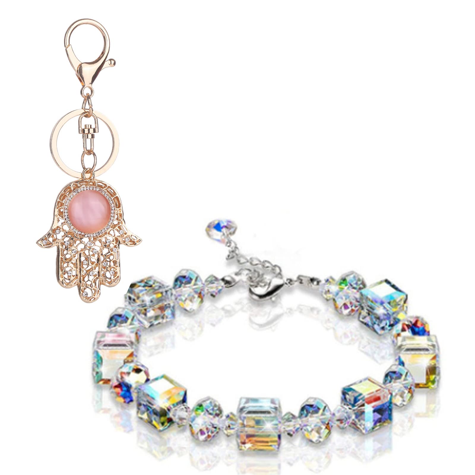 Cute Bling Crystal Turkey Eye Keyring with 1 Pcs Sugar Cube Rhinestone Bracelet, Gold Sparkling Alloy Evil Eye Charm Pendant (A2)