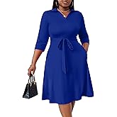 FANDEE Plus Size Midi Dress for Women - Printing Summer Dresses for Wedding Guest Cocktail Party 3/4 Sleeve V Neck（L-5XL）
