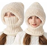 3 in 1 Beanie Hat with Scarf and Mask, Upgrade Women's Knitted Ski Hat, Winter Cold Resistant Hat Face Mask Hooded Scarf