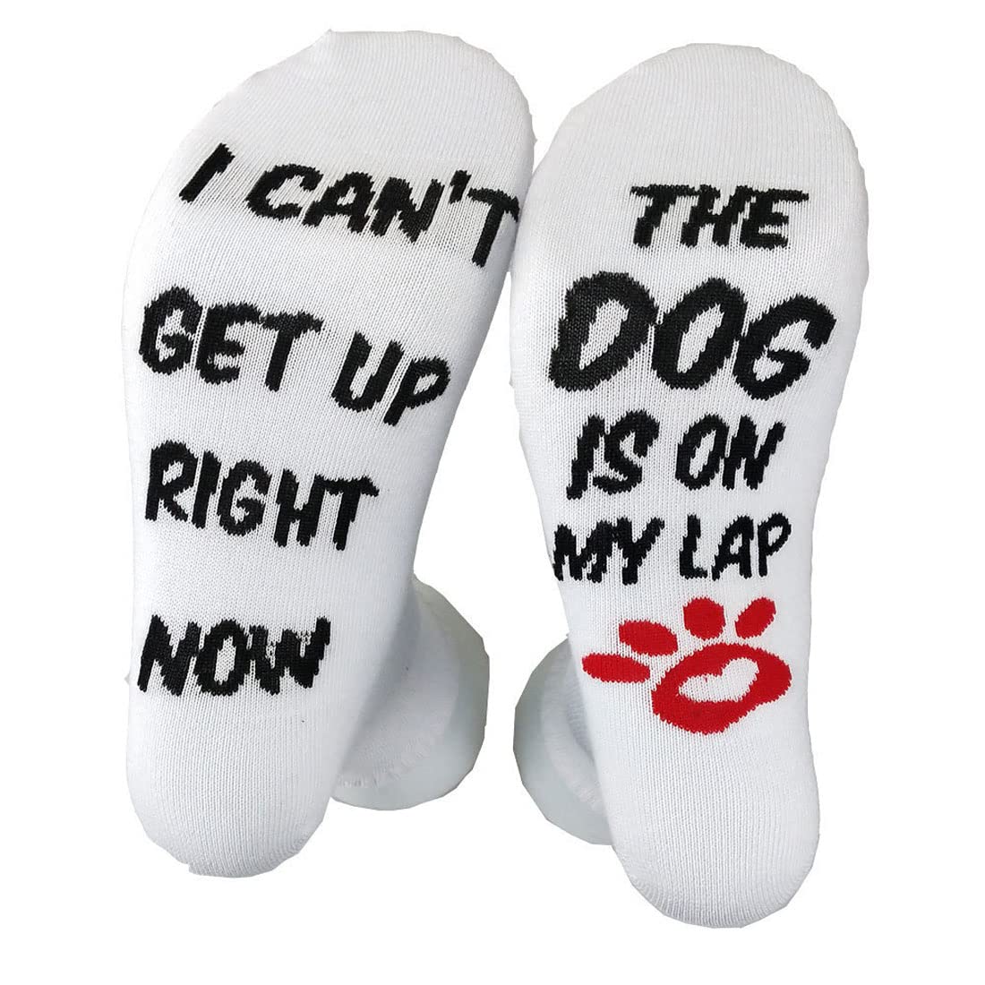 Wansruee Funny Dog Lover Socks - I CAN'T GET UP RIGHT NOW, THE DOG IS ON MY LAP Letter Print Novelty Crew Socks, Cute Gifts for Dog Owners, Soft Cotton Socks for Women & Men