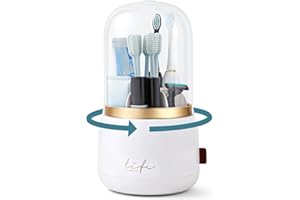 EXIN DECHEN Toothbrush Holders with Cover for Bathrooms, 360° Rotating 7-Slot Draining Water for Placing Kids Electric Toothbrushes,Toothpaste,Razors,Bathroom Counter Dresser Vanity Organizer(White)