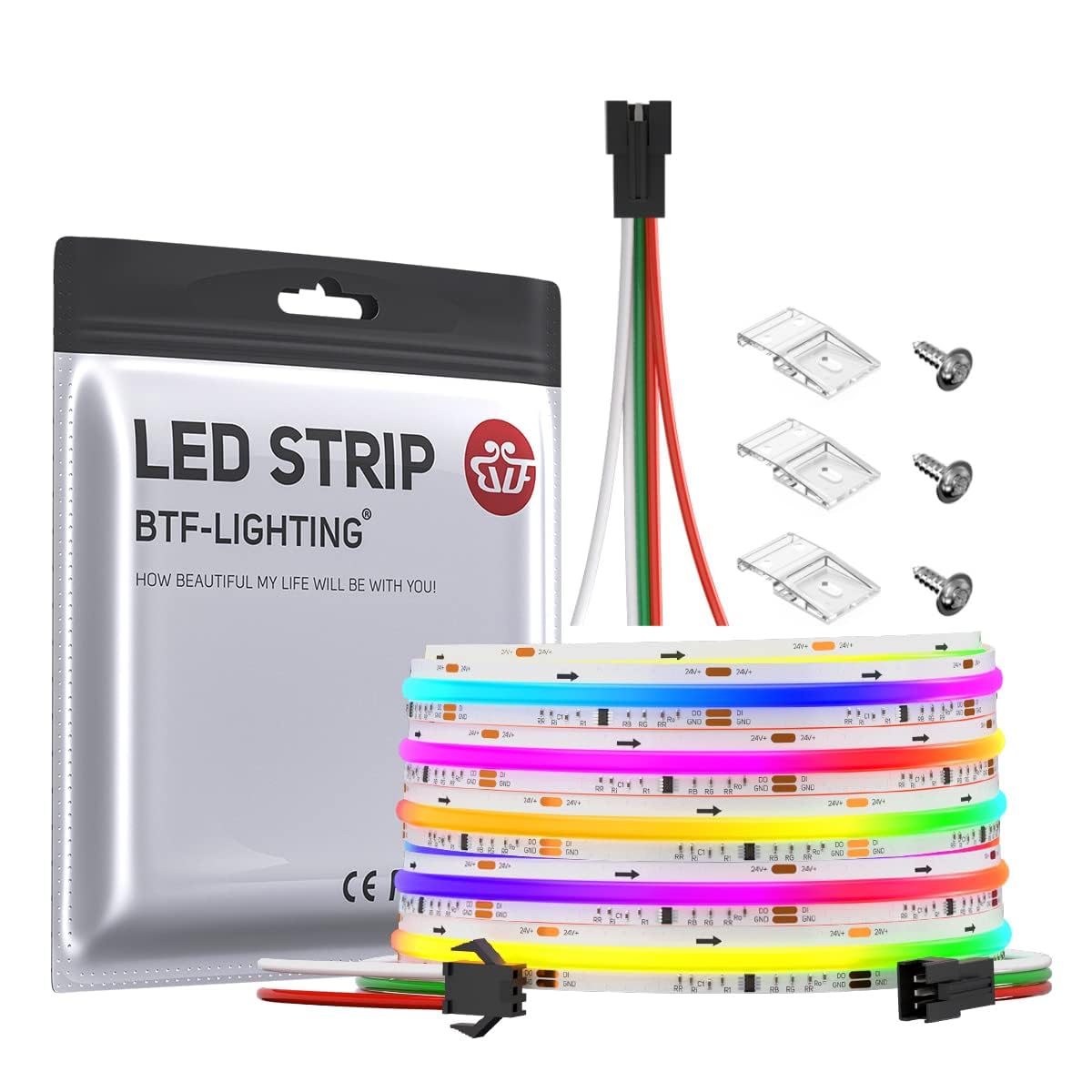 BTF-LIGHTING FCOB SPI RGB Flexible High Density LED Strip COB WS2811 IC LED Strip 5M 720LEDs/m DC24V White PCB IP30 Chasing Colour(Without Controller and Power Supply)