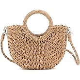 QTKJ Mini Semi-circle Rattan Straw Bag, Hand-woven Women Summer Retro Beach Tote Shoulder Bag Crossbody Travel Beach Bag