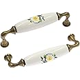Mecion 4pcs Antique Ceramic Cabinet Pulls Yellow Flower Pattern Drawer Pulls Vintage Bronze Dresser Wardrobe Pull Handles (4.33" Length, 3.75" Hole Center)