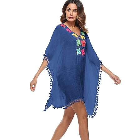 Sunday Sommer Strand kleid bademode swimsuit badesuit Damen Strandtunika Poncho Bikini Kleid Sommerkleid Beachwear Blumen Dru