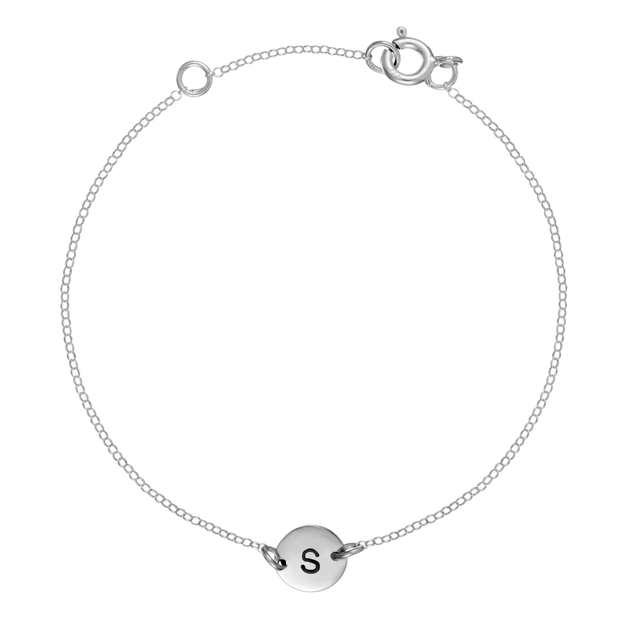 Silverly 925 Sterling Silver Initial Letter Chain Bracelet for Women in 925 Sterling Silver – Round Engraved Charm on Dainty Cable Chain – Simple Minimalist Personalised Name Jewellery