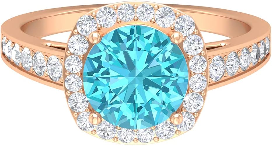 Amazon 2 71 カラットスイスブルートパーズリング Hi Si ダイヤモンドハローリング 8mm ラウンドカット婚約指輪ソリティアリングサイドストーン付き 14k ローズゴールド Size 18 リング 通販