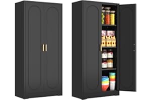 Polup 60" Tall Kitchen Pantry Cabinet, Metal Pantry Cabinet with Doors and Adjustable Shelves, Black Utility Storage Cabinet with Handles for Dining Room, Bathroom, Laundry Room - Assemble Required