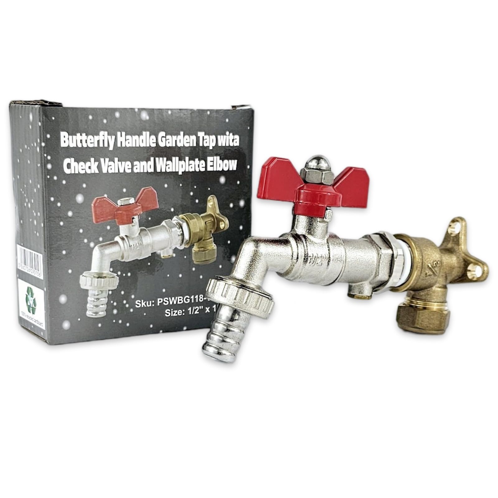 Wärmer System Outside Wall Mounted Garden Tap with Check Valve and Wallplate Elbow Fixture, 1/2 inch (1/2 inch Butterfly Handle Garden Tap)