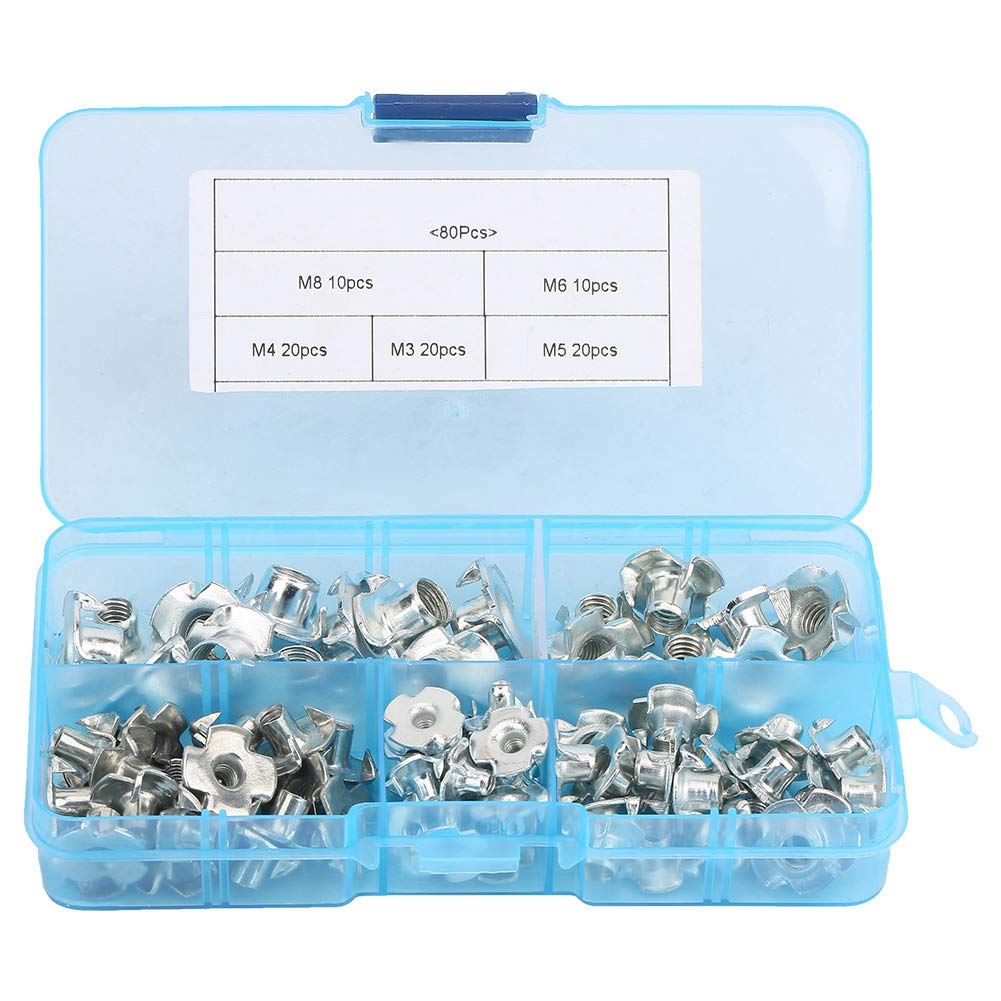 80pcs T Nut Four-Pronged Zinc Plated Carbon Steel Tee Nuts Kits For Woodworking Furniture with Box Assortment Kit (M3/4/5/6/8)