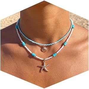 Nackiy Shell Starfish Necklace for Women, Boho Beach Vacation Jewelry Gift | Layered Seed Bead Necklace, Shell and Starfish C
