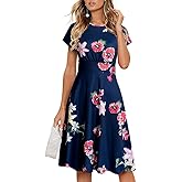 HOMEYEE Women's Short Sleeve Floral Casual Aline Midi Dress A102 (6,Navy/Red Flower)