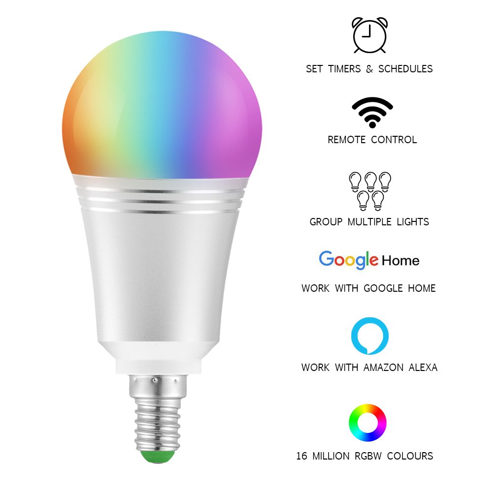 Lampadina Wi-Fi Intelligente Smart Bulb E14 Dimmerabile LED Light 16 Milioni di Colori di Illuminazione 7W W6000K+RGB Telecomando con Smart Device di Amazon Alexa e Google Home-Luce Bianco