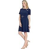 London Times Women's Short Sleeve Boat Neck Fit & Flare Belt-Professional Work Dresses for Wedding Guests