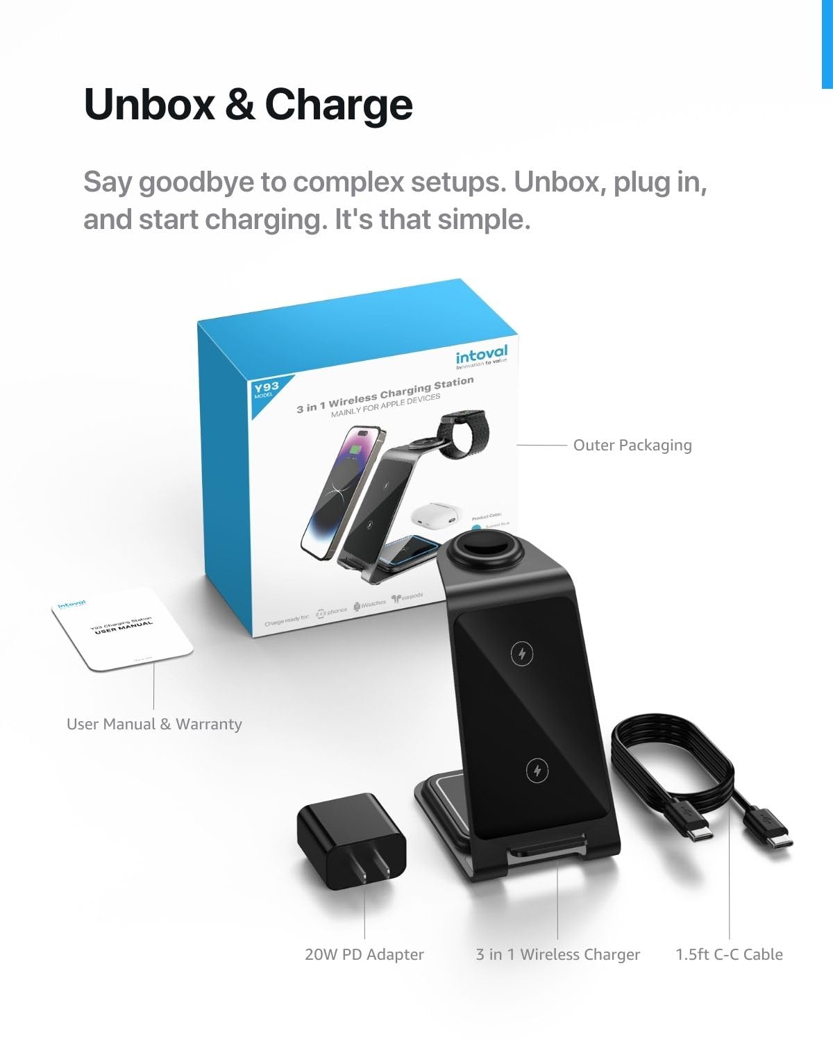 Intoval 3 in 1 Wireless Charging Station for iPhone 16 15 14 13 12 11 X Pro Max, Wireless Charger for Apple Watch Ultra 3 SE 9 8 7 6 5 4 3 2, for AirPods 4 Pro Pro 2 3 (Y93, Grey)